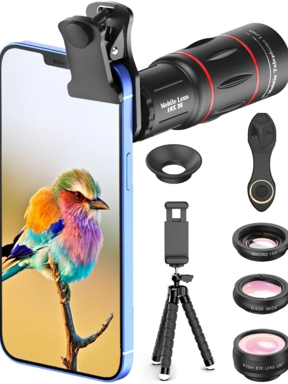 4 in 1 Phone Photography Kit, 18X Telephoto Lens, 198° Fisheye Lens, 15X Macro L
